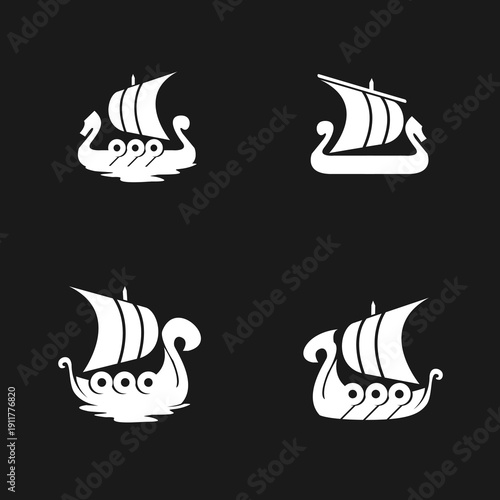 Set of Four Stylized White Viking Longboat Logos on Black Background