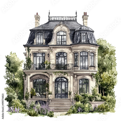 French Chateau Mansion with Mansard Roof and Ornate Stone Architecture