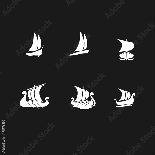 Collection of diverse boat and ship vector icons including sailboats, yachts, and stylized Viking longships