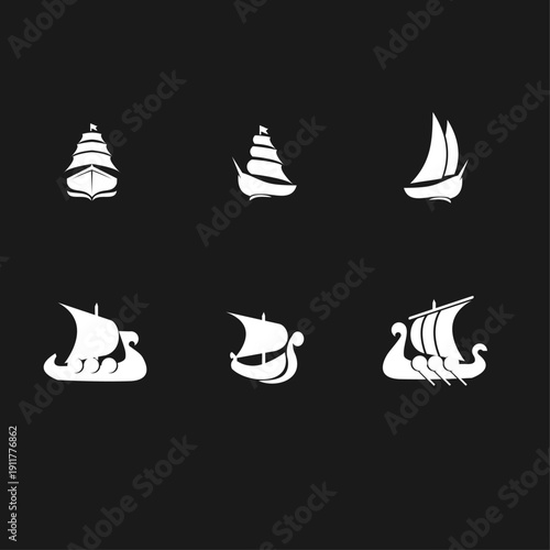 Maritime Ship and Boat Icons Collection: Sailboats, Galleons, and Viking Longships Vector Set on Black Background