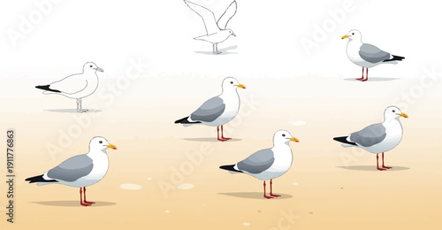 Six seagulls stand on a sandy beach with one sketched bird flying