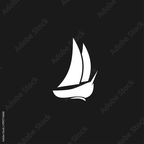 Minimalist White Sailboat Logo Icon on Black Background Vector Illustration