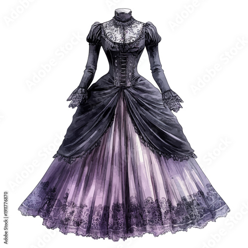 Victorian Gothic Gown with Purple Skirt and Black Lace Corset Bodice
