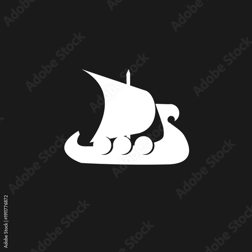 Stylized White Viking Ship Icon on Black Background - Minimalist Longboat Graphic