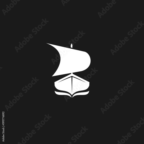 Minimalist White Sailing Ship Icon on Black Background, Front View Design