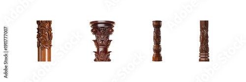 Intricately Carved Wooden Pillars Set. Architectural Design And Craftsmanship Collection Isolated On Transparent Background