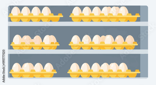 Six yellow cartons hold dozens of white eggs on three shelves