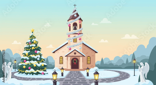 Snowy churchyard with festive decorations, angels, and ornate trees