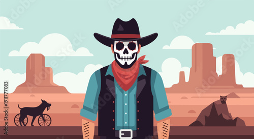Skeleton cowboy in desert, with dog on wheels and cat on rock