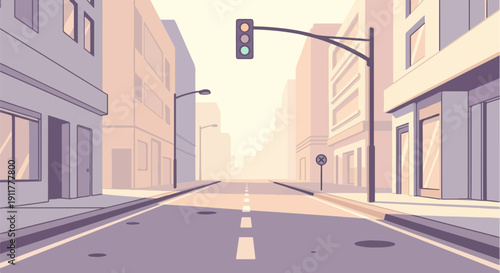 Pixelated street scene with buildings, traffic light, and distant haze