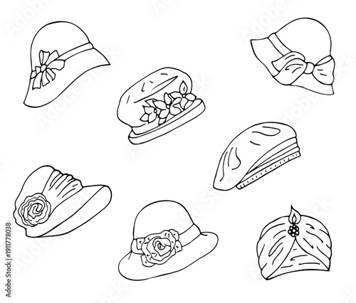 Hand Drawn Vintage Women Hats Collection Line Illustration