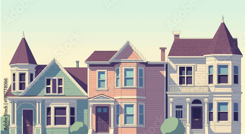 Pixelated Victorian-style houses in pastel colors under clear sky