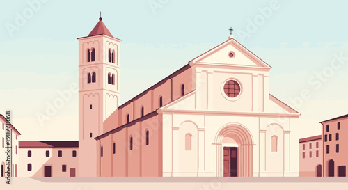 Pixelated view of a pale pink church with a bell tower and surrounding buildings