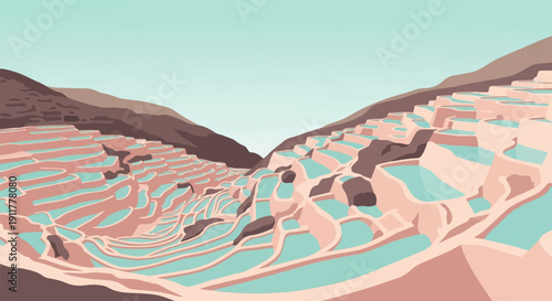 Pixelated view of pink terraced fields filled with turquoise water