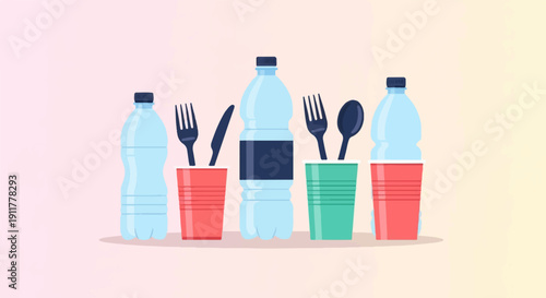Plastic bottles and cutlery in colorful cups on a light gradient background