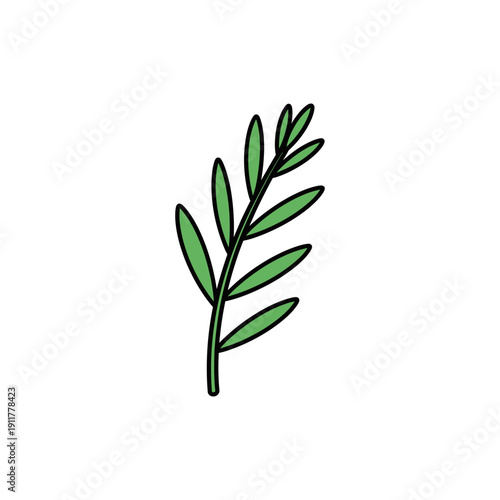 Tarragon Sprig with Bold Flat Outline Herbal Vector Botanical Illustration Design