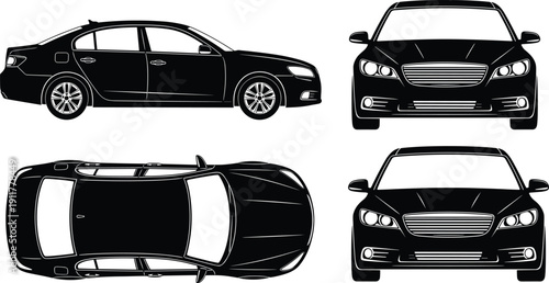 Black luxury sedan car vector template showing front, side and top views isolated on white background for automotive design, branding and transport 