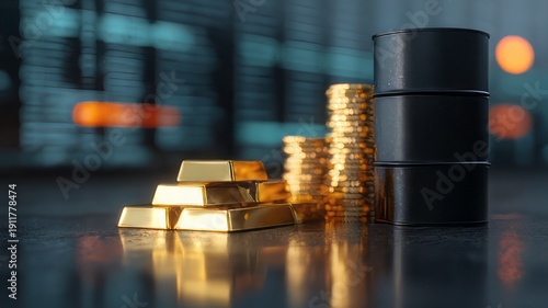 Illustrating the tangible assets driving global finance including physical gold bars stacked coins and dark industrial oil barrels in a moody setting