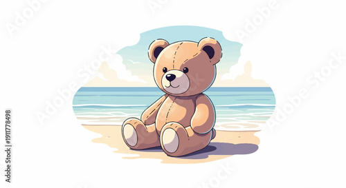 Plush bear sits on sandy beach with ocean and sky background