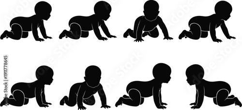 Collection of baby crawling silhouettes in different poses isolated on white background, infant movement stages, child development concept illustration set black vector design