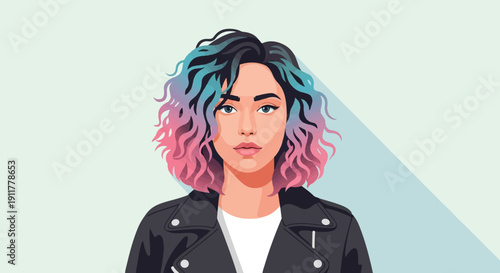 Portrait of a young woman with vibrant wavy hair and leather jacket