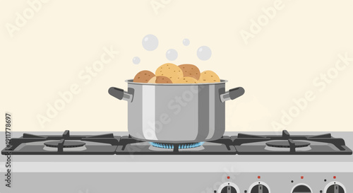 Pot of potatoes simmering on a stovetop with bubbling water
