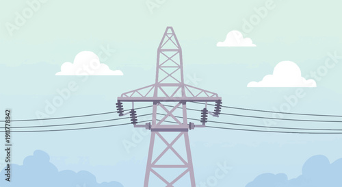 Power transmission tower against a sky with clouds