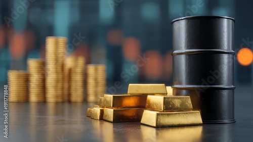 A visually compelling representation of precious metal assets including stacked gold coins, shiny gold bars, and a dark crude oil barrel symbolizing commodity markets.