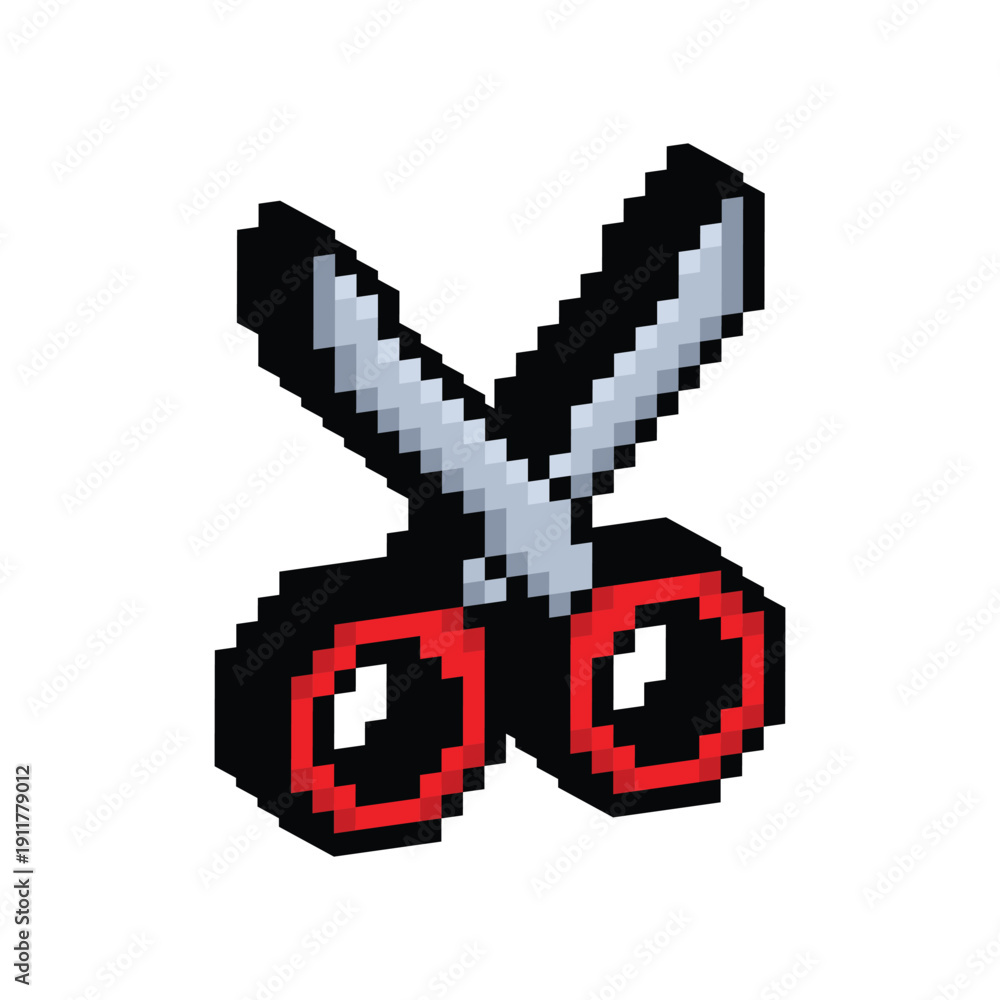 Obraz premium 3D isometric pixel art scissors 8 bit vector icon for computer game, logo
