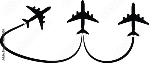 Black silhouette of three airplanes flying in formation with curved paths silhouettes