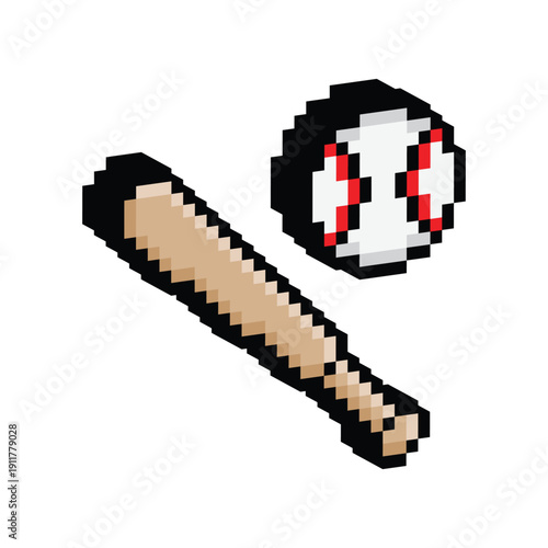 3D isometric pixel art baseball bat and ball 8 bit vector icon for computer game, logo