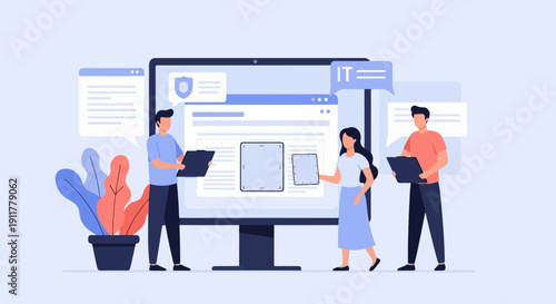 Professionals collaborate on technology projects, discussing data on screens