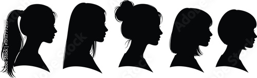 Collection of Female Head Silhouette Profiles Showing Different Hairstyles and Haircuts Isolated on White Background for Beauty, Fashion, Salon Branding and Avatar Design