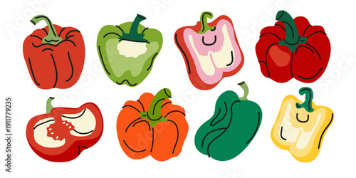 Various bell peppers in cartoon groovy style. Ripe fresh vegetables collection. Farm organic food concept. Cooking and healthy eating vector illustration
