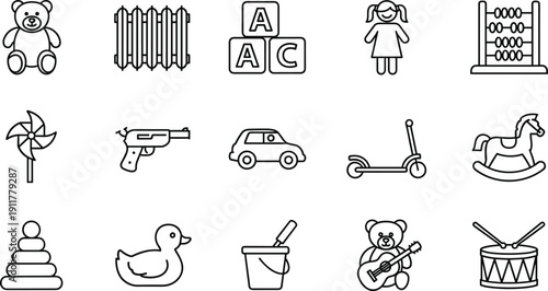 Kids toys and learning icons set, teddy bear, blocks, abacus, scooter, drum, car, educational play outline illustration isolated on white background