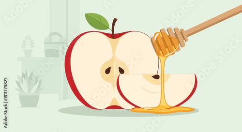 Sliced apple with honey dripping from a wooden dipper onto a slice