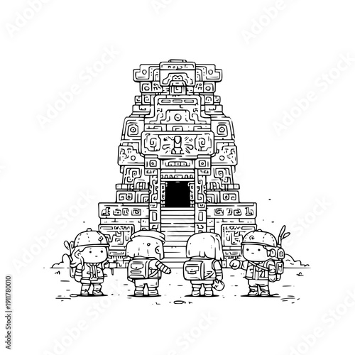 Cartoon Characters in Front of Ancient Mayan Temple Ruin