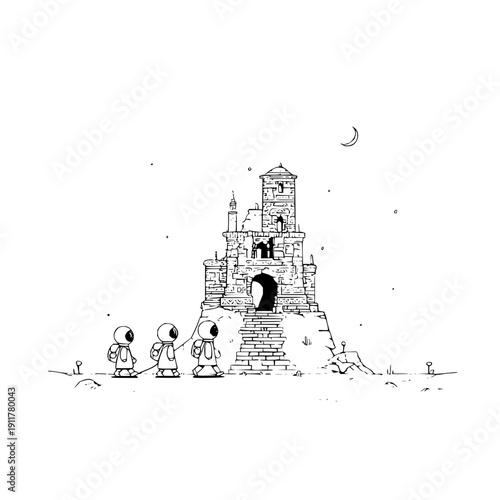 Smurfs standing in front of abandoned castle at night