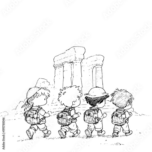Children Walking Towards Ancient Ruins