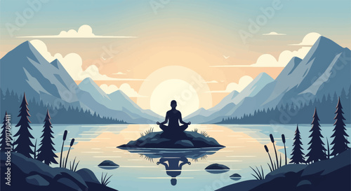 Silhouette meditating on island during sunset with mountains