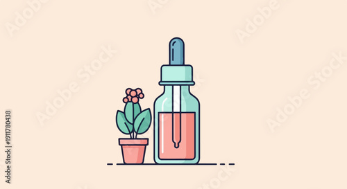 Simple illustration of a small potted plant and a dropper bottle