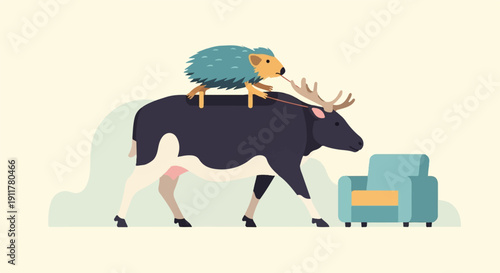 Small spiky creature rides cow; moose pulls it toward blue armchair