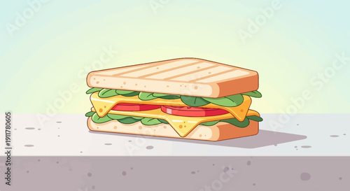 Simple grilled sandwich with cheese, tomato slices, and lettuce on a counter