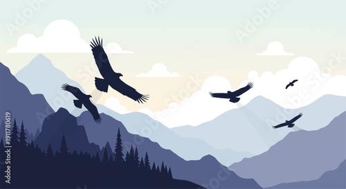Silhouette birds soar over layered mountains under a cloudy sky
