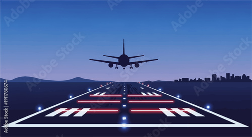 Silhouette airplane descends onto illuminated runway at dusk with city skyline