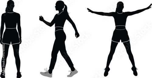 Female Fitness Silhouette Set Showing Walking and Jumping Jack Exercise Poses Isolated on White Background for Workout, Cardio Training and Healthy Lifestyle Concepts