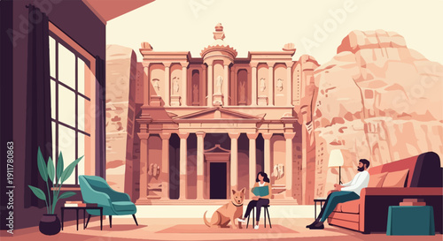 Relaxed domestic scene in front of ancient sandstone structure with dog