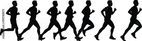 Sequence of Male Runner Silhouettes Showing Jogging and Sprinting Motion Isolated on White Background for Fitness, Marathon Training and Healthy Lifestyle Concepts