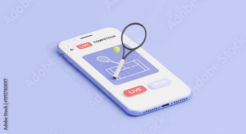 Smartphone screen displays a tennis match in progress with a racket and ball