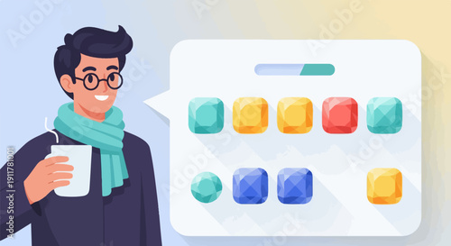 Smiling man in glasses with a scarf holding a mug near colorful digital icons